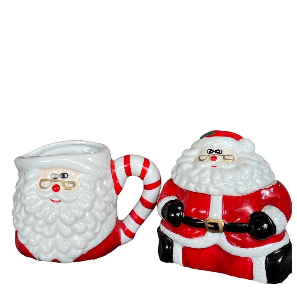 Santa Claus Cream & Sugar Set Ceramic Rotund Whimsical Kitschy Holiday Table